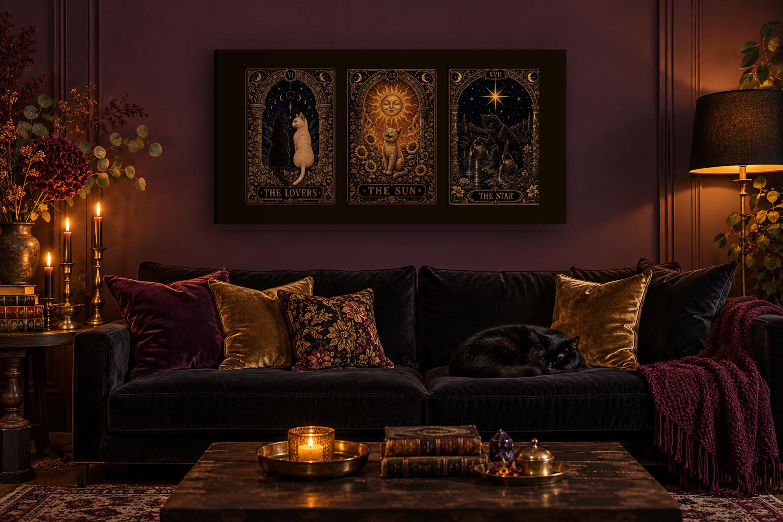The Lovers, The Sun & The Star | Black Cat Tarot Triptych Canvas