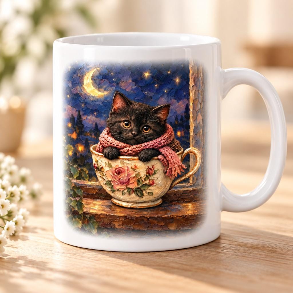 Black Cat Teacup Mug